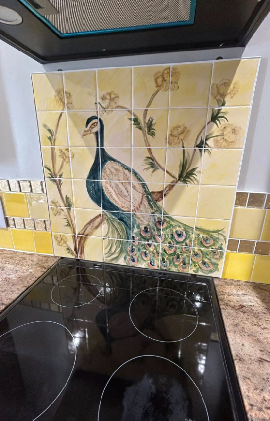 Yellow splashback & peacock mural tiling 3